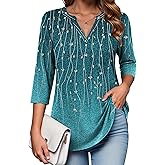 Zeagoo Womens 3/4 Length Sleeve Tops V Neck Tunic Casual Dressy Blouse Floral Printed Shirts