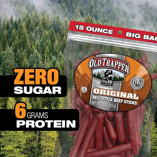 OLD TRAPPER ORIGINAL DELI-STYLE BEEF STICKS,15-OUNCE PACKAGE, PERFECT FOR ON-THE-GO SNACKING, SIX GRAMS OF PROTEIN AND ZERO GRAMS OF SUGAR PER SERVING (PACK OF ONE)