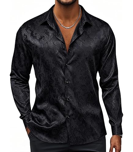 J.VER Men's Silk Satin Long Sleeve Dress Shirts Shiny Casual Button Down Shirt Luxury Party Prom Shirts Army Green S : Clothing, Shoes & Jewelry