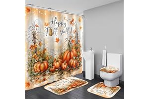 AZHM Thanksgiving Shower Curtain Set, Warm Orange Yellow Pumpkin Harvest Theme Bathroom Decor Set with Shower Curtain and Rugs, Rustic Farmhouse Autumn Thanksgiving Bathroom Set with 12 Hooks