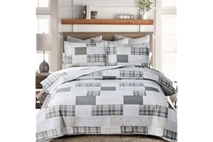 GREEN ESSEN Grey White Plaid Quilt King Size Lightweight Patchwork Quilts Geometric Bedspread Checked Bedding Soft Breathable Gingham Coverlet Bed Cover Classic Home Decor