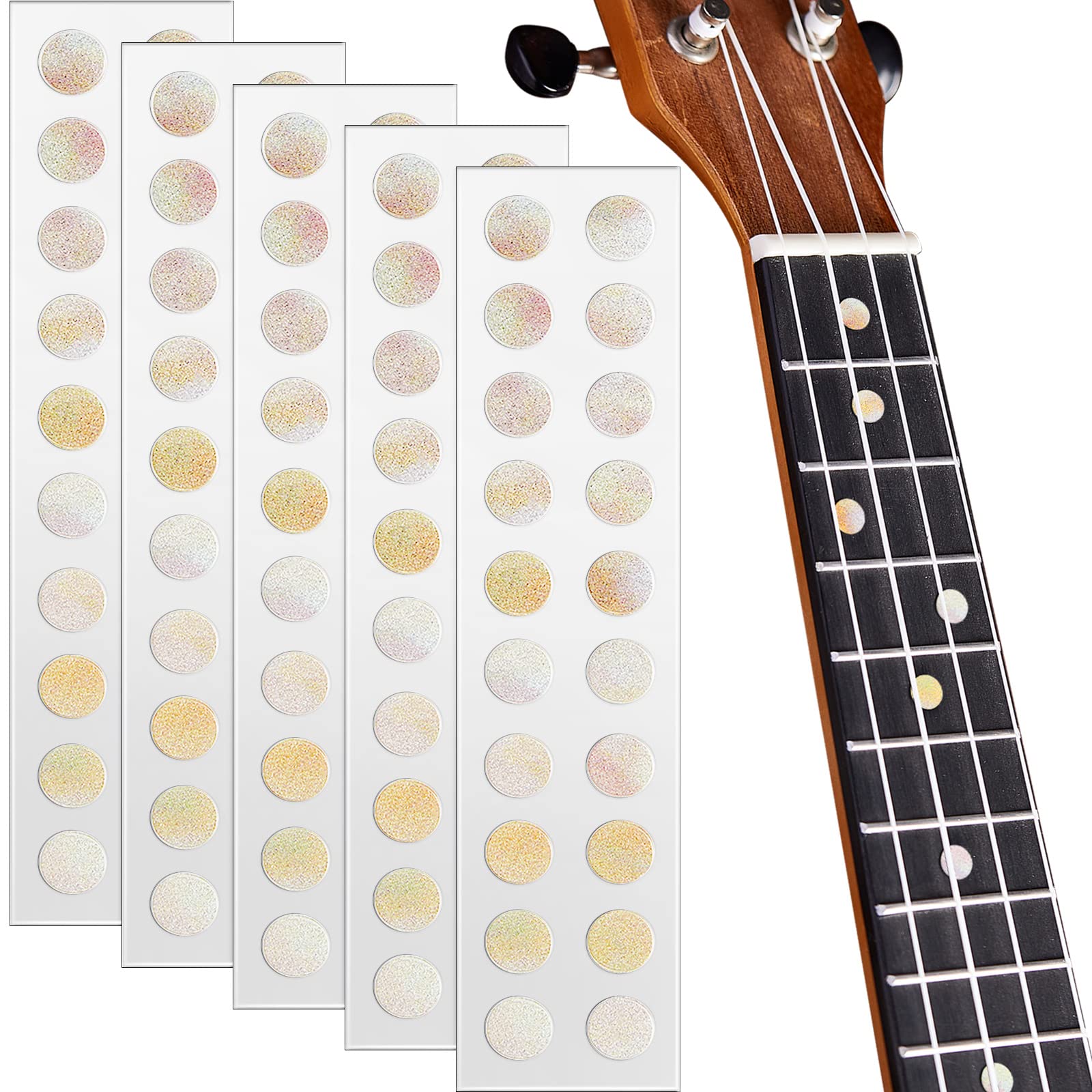 Photo 1 of 100 Pcs 5 Sheets Dot Fret Markers Guitar Fretboard Stickers Guitar Neck Decal for Ukulele Bass Banjo Aged White Pearl, 0.25 Inch (6.35mm)