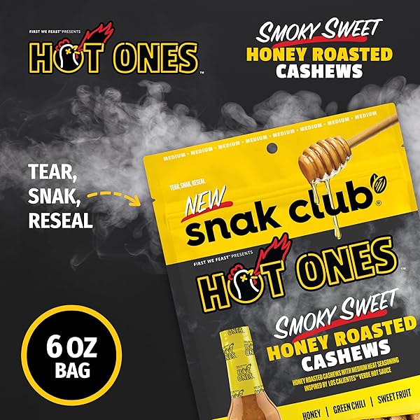 SNAK CLUB X HOT ONES HONEY ROASTED CASHEWS, SMOKY SWEET, SPICY NUTS, INSPIRED BY HOT ONES, VEGAN SNACK, 6 OZ RESEALABLE BAG