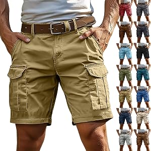 tobchonp Mens Cargo Shorts 7 Inch Inseam Elastic Waist Stretch Work Shorts Relaxed Fit Hiking Chino Short Multi Pockets