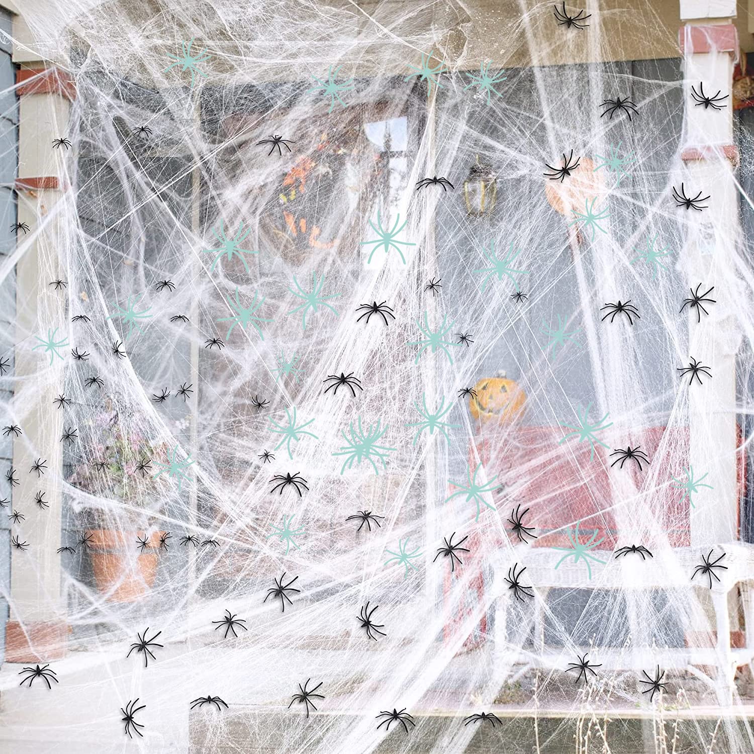Photo 1 of 300 Sqft Halloween Spider Web Decorations, with 10 Glow in the Dark+10 Black Fake Scary Spiders, Super Stretch Cobwebs Creepy Halloween Indoor Outdoor Office Party Supplies (300 Sqft Web+20 Spider)
