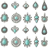 KitBeads 20pcs Tibetan Synthetic Turquoise Mixed Styles Tear Drop Flower Charms - Antique Silver Western Charms for Jewelry Making