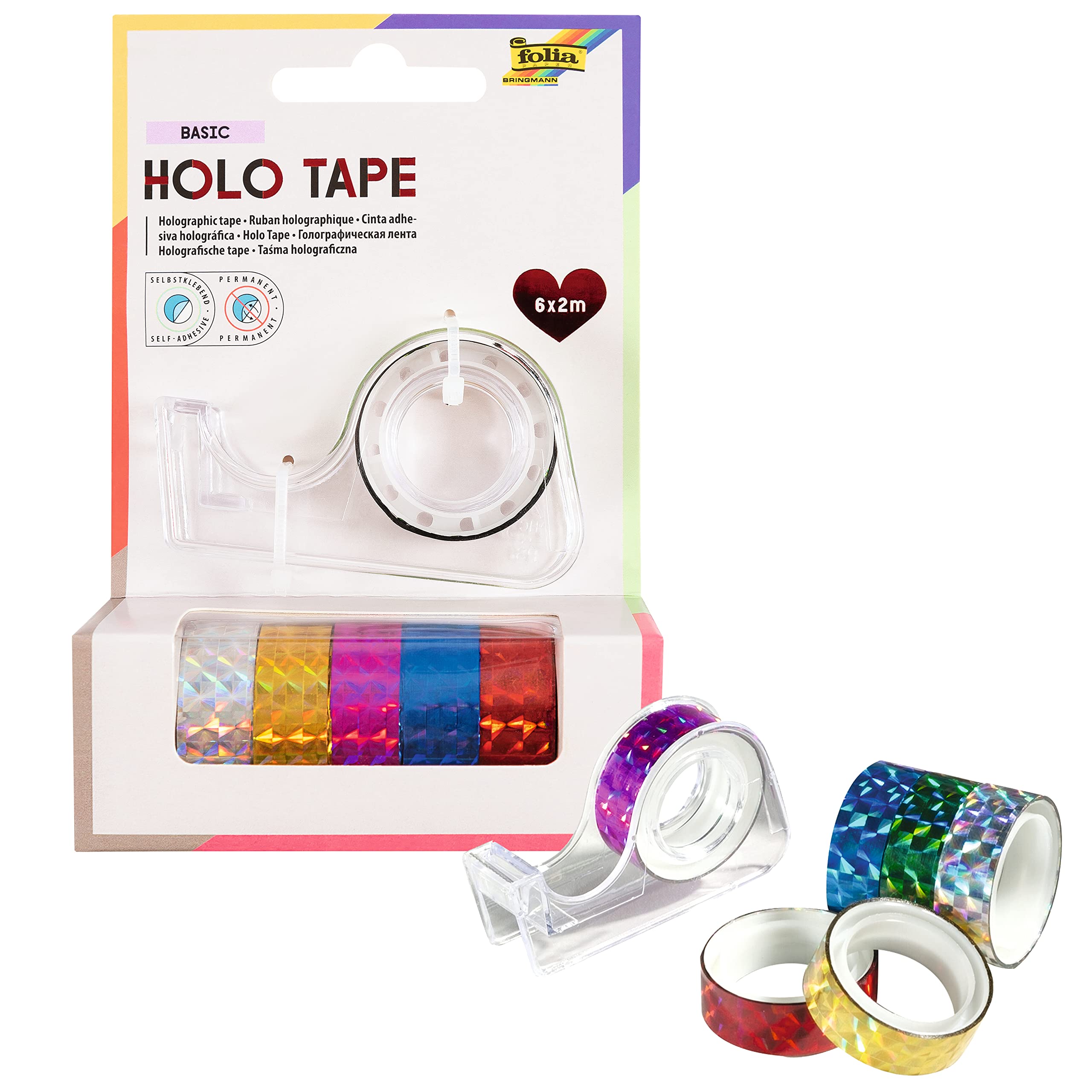 Folia 306 - Holographic Self-Adhesive Tape, 6 Rolls, Assorted Colours, 12 mm x 2 m