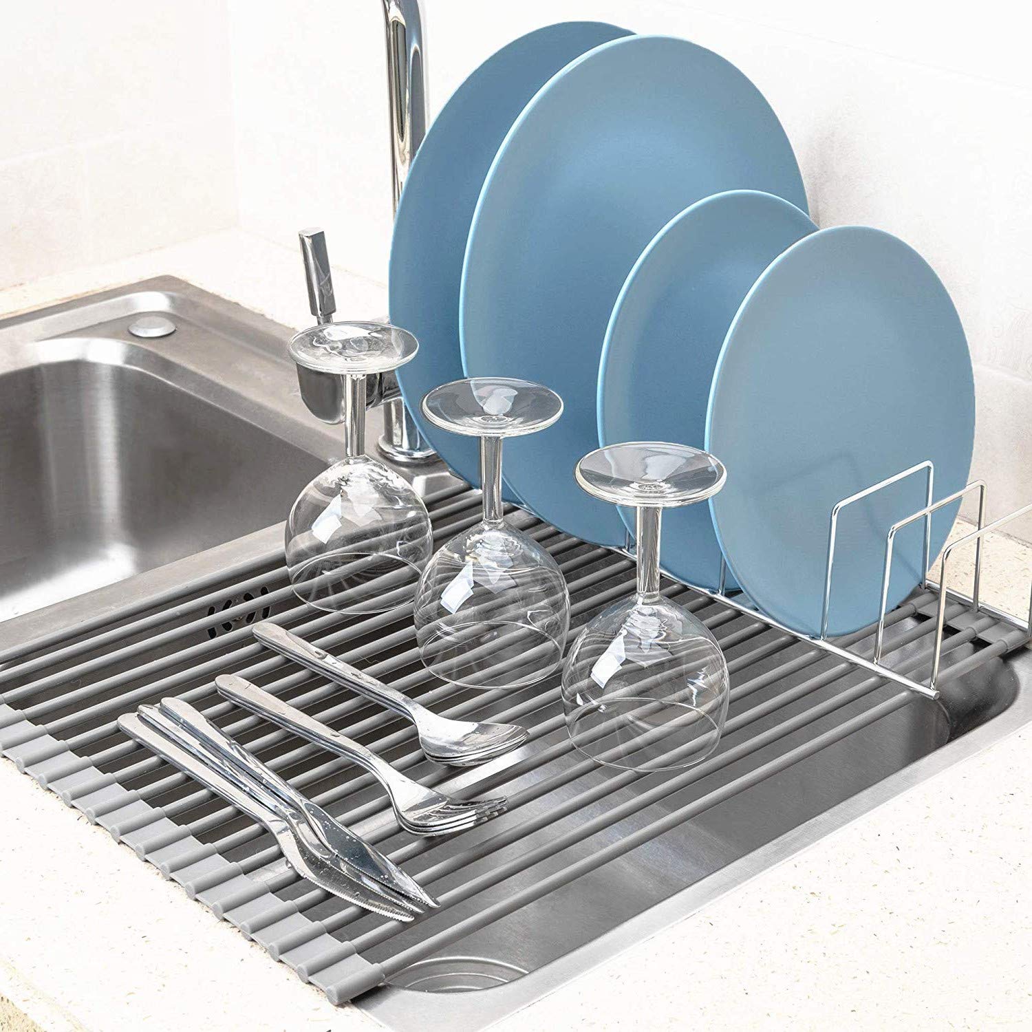 Silicone Covered Stainless Steel Plate Rack Lid Holder Fruits And Vegetable Drainer Rack Sanno Large 20 5 X 13 Over The Sink Multipurpose Roll Up Dish Drying Rack Lid Organizer Dish Racks Countertop Wall