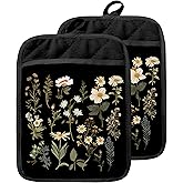 GOOZHO Dark Floral Botanical Pot Holders with Pockets, Cottage Core Kitchen Decor, Rustic Daisy Flower Plant Oven Pot Holders Heat Resistant Oven Mitts Hot Pads for Kitchen Baking Cooking