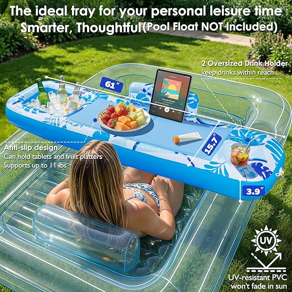 INFLATABLE TRAY FOR TANNING POOL FLOAT – 61″ L X 18″ W EXTRA LARGE TRAY WITH NON-SLIP AND COOLER CONTAINER, DESIGNED FOR SUNBATHING BED, TANNING LOUNGE & WATER BLOW UP, BALL PIT, PARTY GIFTS