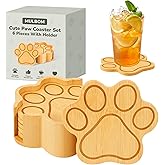 Bamboo Paw Shaped Coasters Set of 6 with Holder, Natural and Eco-Friendly Coaster - Non-Slip and Scalding, Cute Cat Claw Drink Coasters, Suitable for Home Decor and Housewarming Gifts