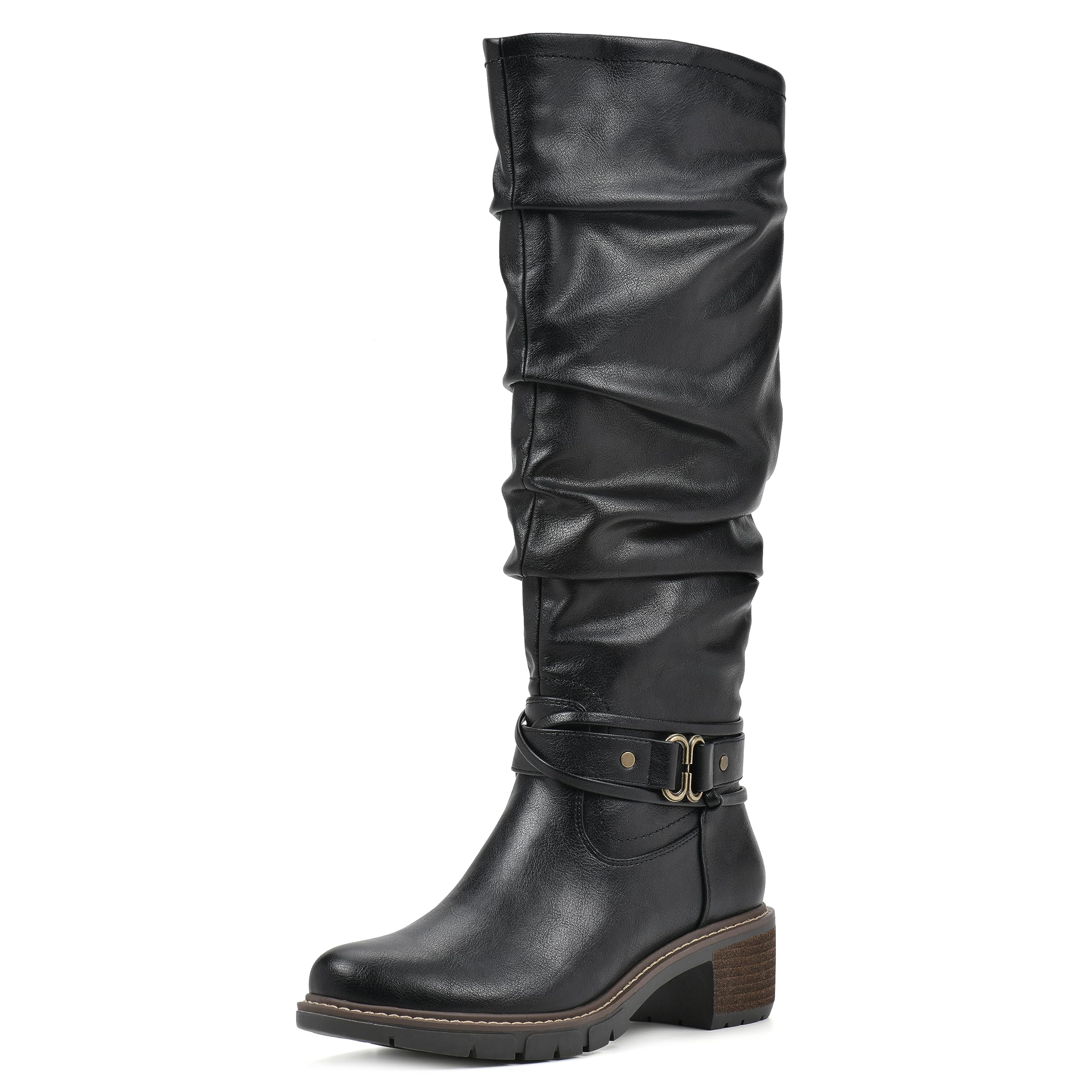 WHITE MOUNTAIN Women’s Shoes Crammers Stack-Heeled Tall Boot, Black/Burn/Smooth, 7.5 W
