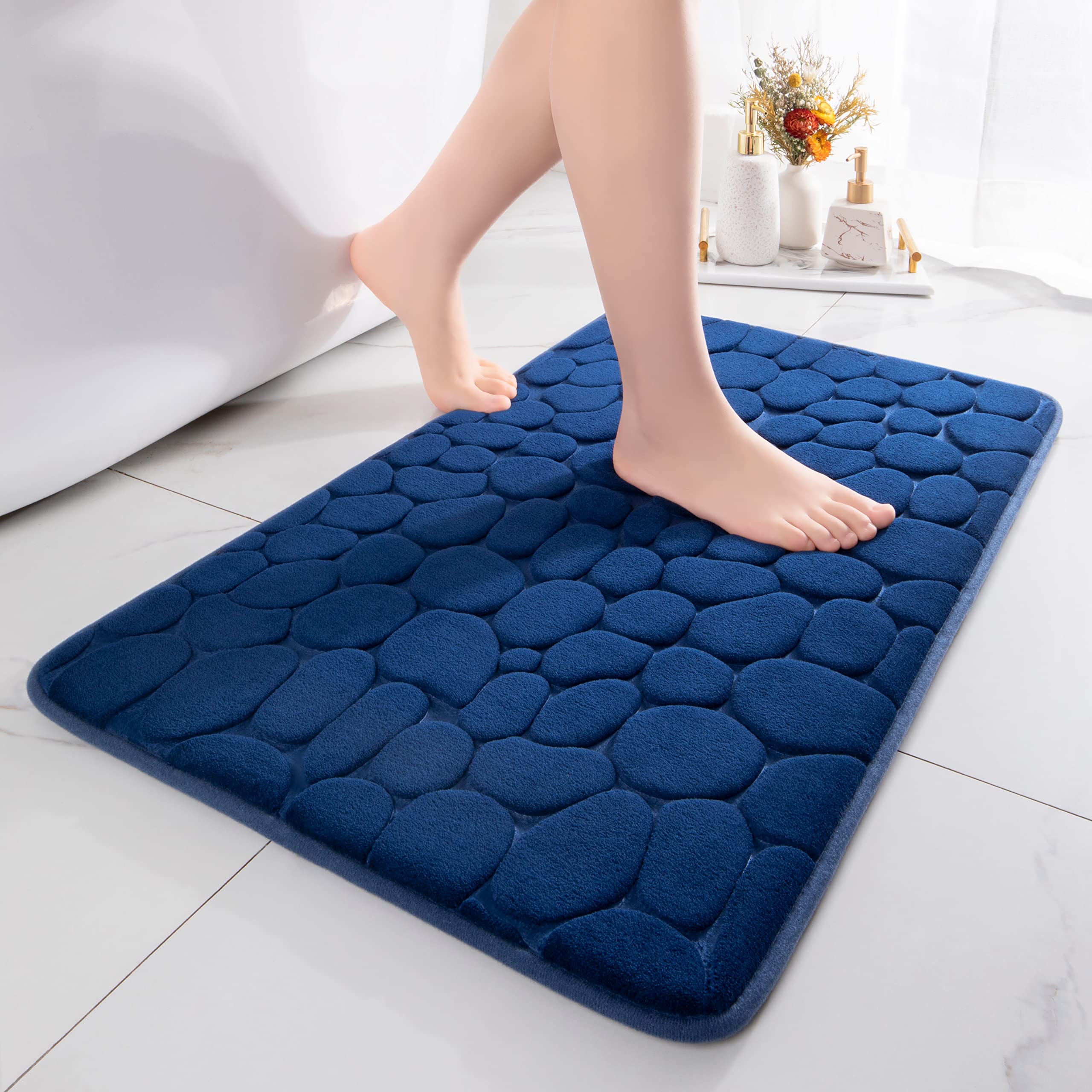 chakme Memory Foam Bath Mat, Absorbent Bath Mat, Bathroom Rug, Shower Mat, Decorative Doormat Non-Slip Mat for Bathroom, Living Room, 50 x 80 cm, Dark Blue