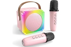EMGYKIT Mini Karaoke Machine for Kids, Portable Karaoke Machine with 2 Wilreless Microphones and Music Lights for Home Party, Birthday Gifts for Girls