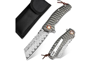 AUBEY Camping Folding Knife, Damascus Pocket Knife with Aluminum on Scale Handle, 3.14 inch Damascus Steel Hollow Grind Blade, Damascus Folding Knife for Men Women Gift (Gray)