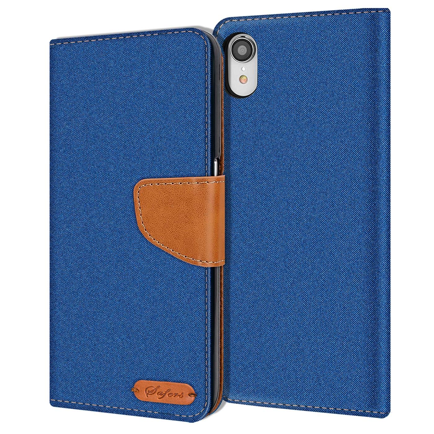 Verco Phone Wallet Case compatible with the iPhone XR, Canvas Faux Leather Book Cover for the Apple iPhone XR Flip Case Bag Hinged - Blue