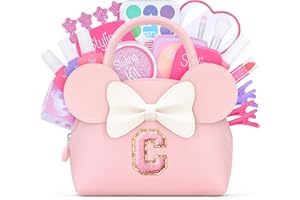 QLOVEA Kids Real Makeup Kit for Girls - 21Pcs Non-Toxic Make Up Toys with Initial Toddler Purse - Personalized Birthday Gifts for Age 5 6 7 8 9 10 Years Old Girls Vanity Set - C