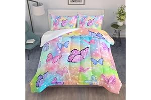 Datura home Bedding Comforter Set Rainbow Watercolor Butterfly Printed Pattern Quilt with 1 and 2 Pillowcases for Girls Bedroom All Season(Butterfly Full) Full 80x90inches