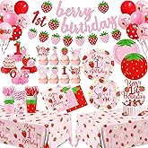 Berry First Birthday Decorations,190pcs Strawberry First Birthday Decorations Include Banner,Plates,Napkins,Tablecloth,Cup,Balloon,Cake Topper,Strawberry 1st Birth Day Decorations for Girl,Serve 24