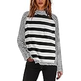 Panadila Womens Long Sleeve Striped Shirts Turtleneck Raglan Shirt Cute Color Block Tunic Tops Loose Pullover Top