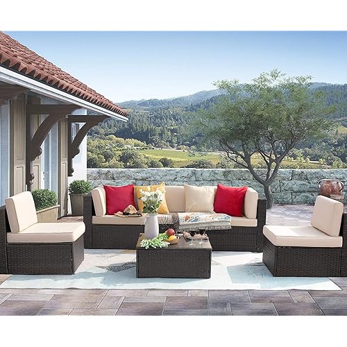Heezuu 6 Pieces Patio Outdoor Furniture Sets, Low Back All Weather Rattan Sectional Sofa Manual Weaving Wicker Conversation Set with Washable Couch Cushions-Light Beige