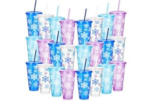 Chuangdi 24 Set Snowflakes Plastic Cup Bulk Christmas Cups with Lids Straws 24 oz Christmas Reusable Party Cup Coffee for Hot Cold Beverage Drinking Party Winter Birthday Supplies