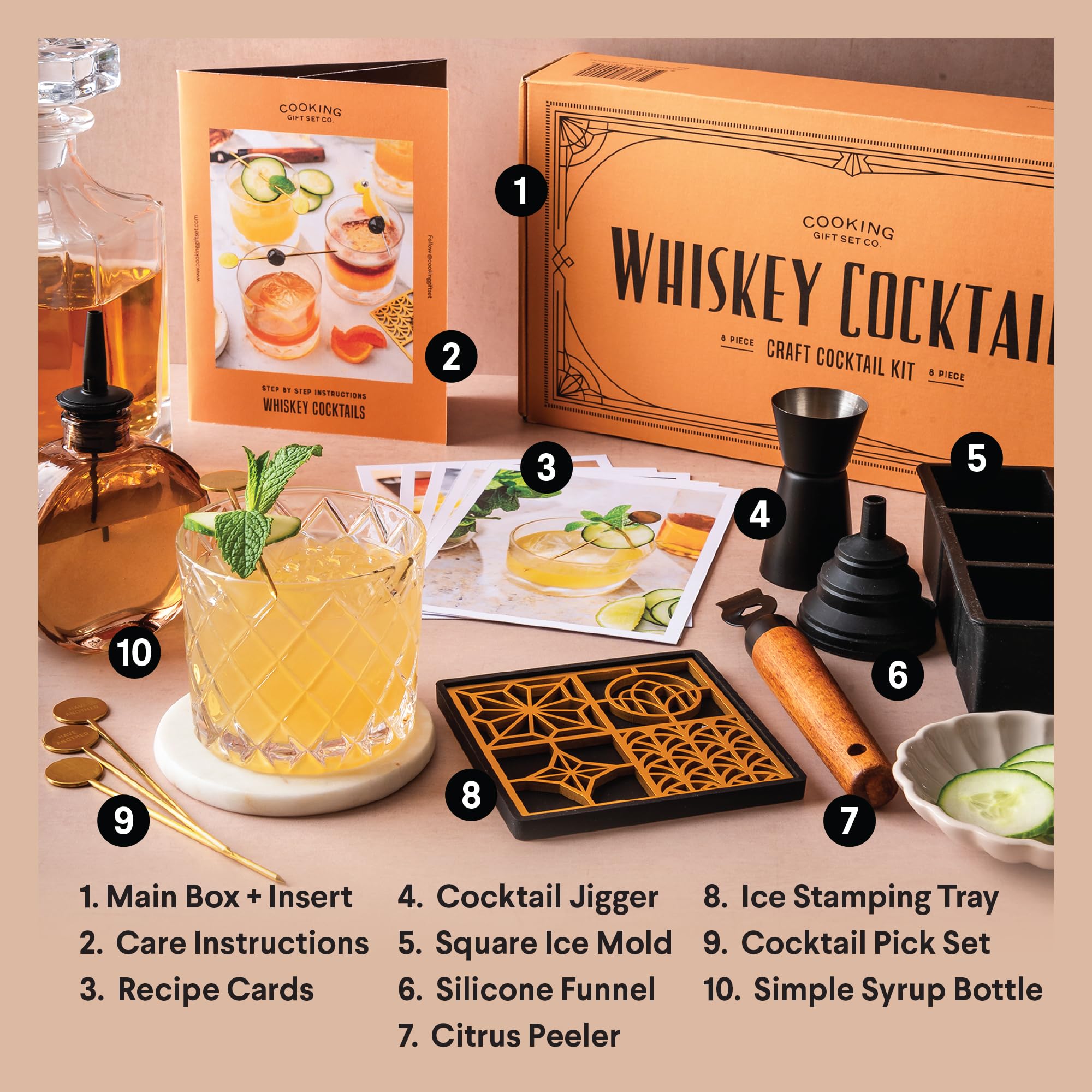 Whiskey Cocktail Kit | Cool Bar Accessories Including Engraving Ice Cube and Mold to Make Unique Gifts for Dad and Mixologist Using Old Fashioned Mixology Tool Set