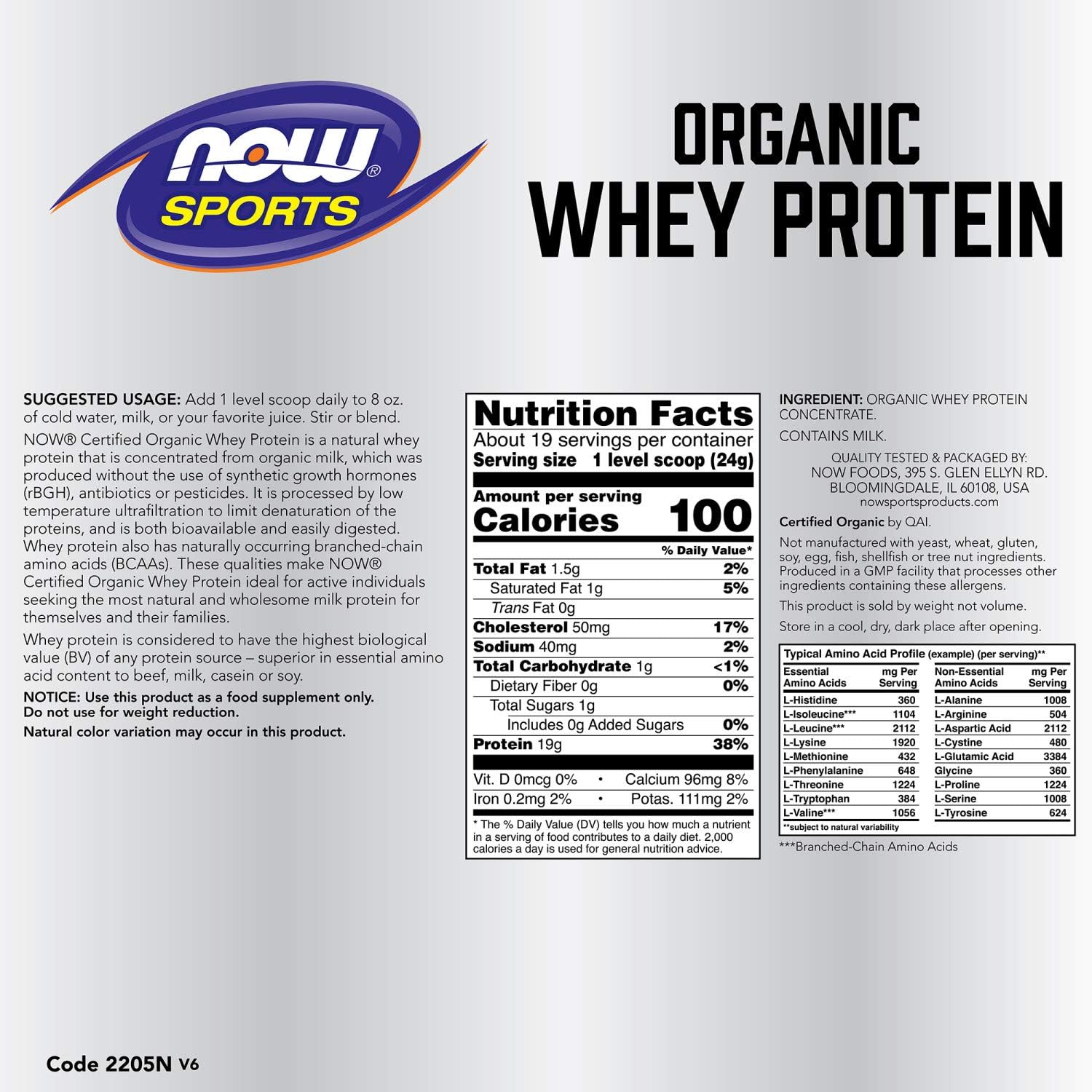 NOW Sports Nutrition, Certified Organic Whey Protein 19 g, Unflavored Powder, 1-Pound: Health & Personal Care