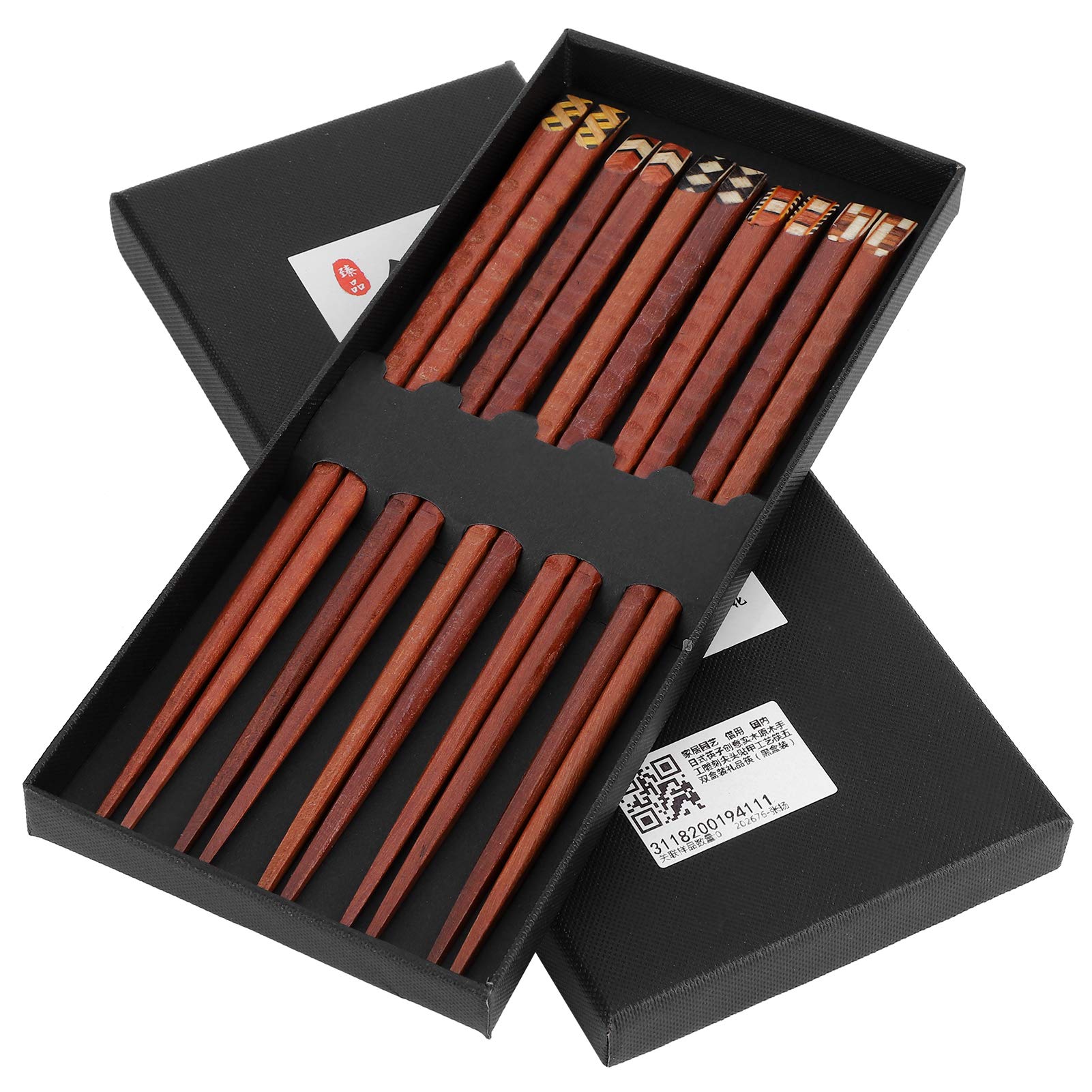 Nikou 5 Pairs Wooden Chopsticks, Hand-carved, Brown, Geometric Pattern, Easy to Use, Non-slip, Suitable for Sushi, Noodle, Rice, Ramen, Hand Wash Only, Luxurious Black Handmade Box, Gift Set