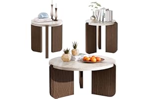 SUNBURY Coffee Table and End Table Sets, Round Marble Modern 3-Piece Living Room Table Set for Office, Living Room, Apartment, Small Space, Easy Assembly Living Room Furniture, Faux Marble