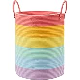 MOJOSCEND 80L Extra Large Rainbow Laundry Hamper Basket for Girls Kids Tall Unicorn Baby Nursery Hamper for Clothes Woven Roper Blanket Toy Basket in Living Room Playroom Bedroom