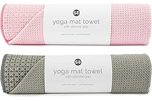 S&T INC. Yoga Mat Towel with Non-Slip Grip, Enhanced Silicone Grip, Soft and Absorbent for Gym, Pilates, and Hot Yoga Mat, 2 Pack, 24 inches x 72 inches, 340GSM, Pink and Grey