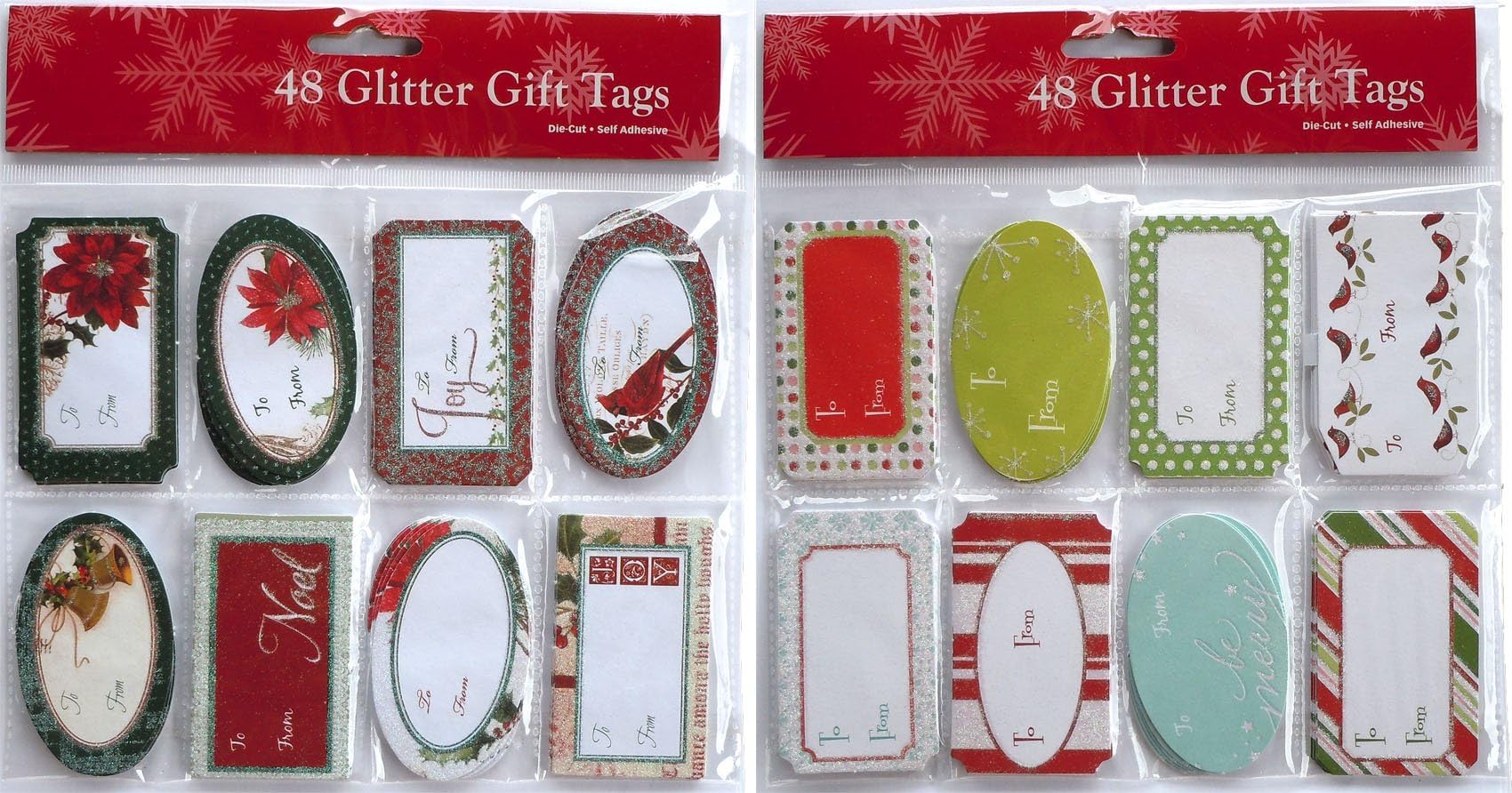 96 Glitter Die-Cut Self Adhesive Holiday Oval and Square in Shape Christmas Gift Tags