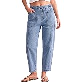 luvamia Barrel Jeans Women Trendy High Waisted Pull On Drawstring Elastic Waist Stretchy Denim Baggy Pants with Pocket