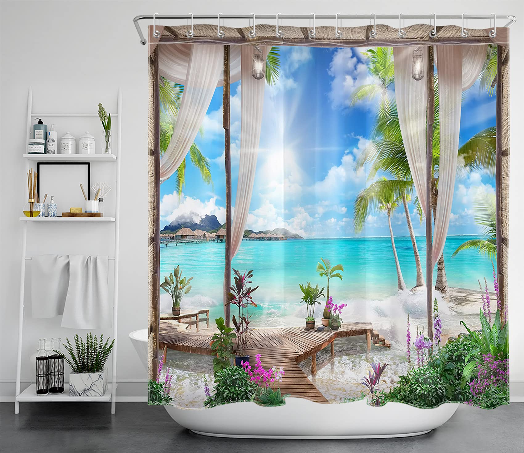 LB Beach Shower Curtain Tropical Island Ocean Scenery from Balcony Polyester Anti Mould Waterproof Bathroom Curtains with Hooks,71x71 inches