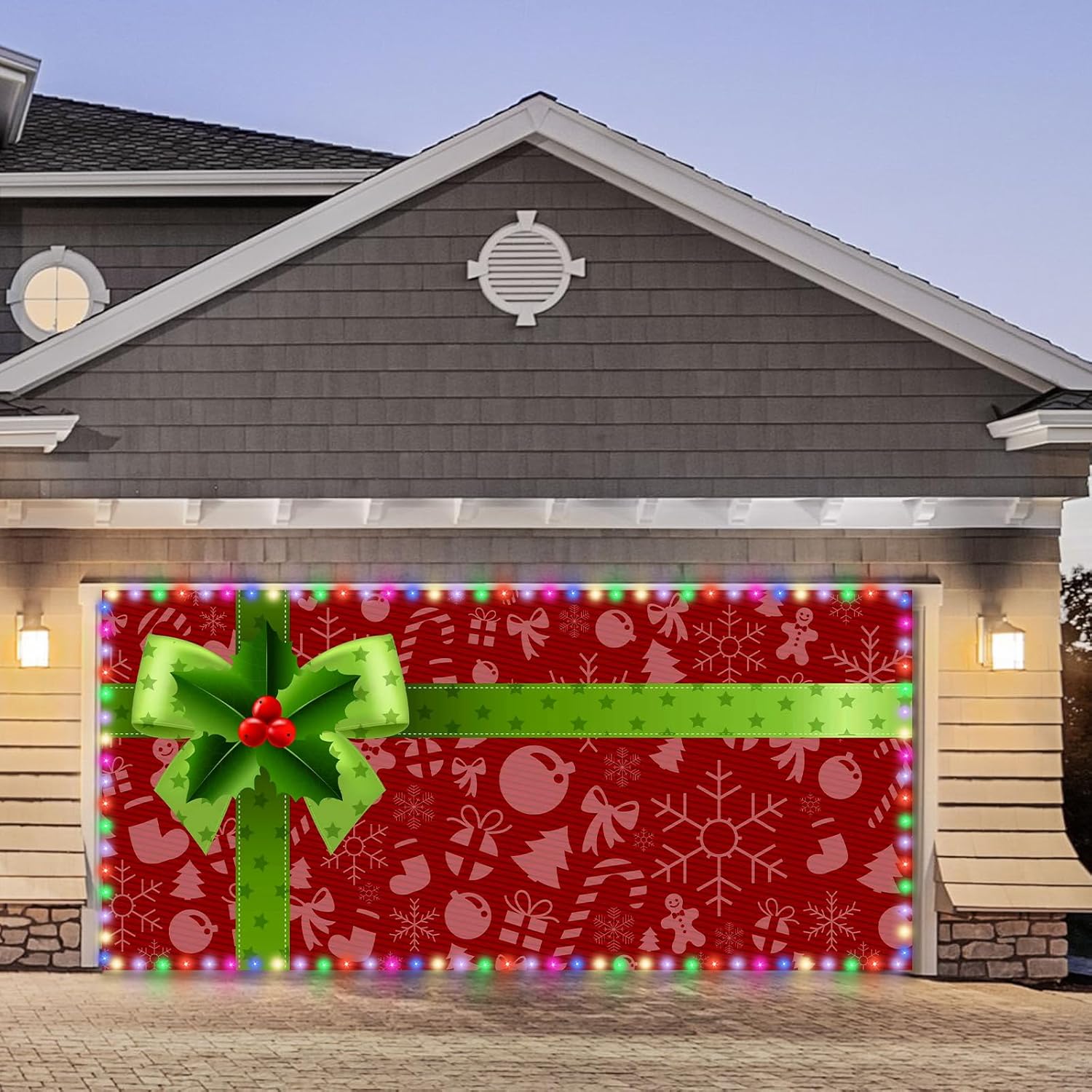Garage Door Decorations - Preboun 6 x 13 ft Gift Box Christmas Garage Door Banner Cover with LED Lights Bow Garage Door Backdrop Decoration Large Snowflake Gingerbread Man for Outdoor Indoor Xmas Holiday Party Supplies