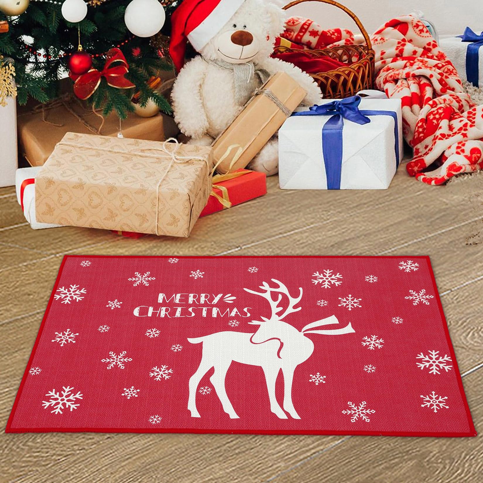 CAROMIO Doormat indoor Anti Skid Christmas Door Mat Indoor & Outdoor Dirt Trapper Welcome Mats Small Carpets Xmas Door Decoration Entrance Floor Mat White Reindeer 20x32 Inch (50 x 80 cm)