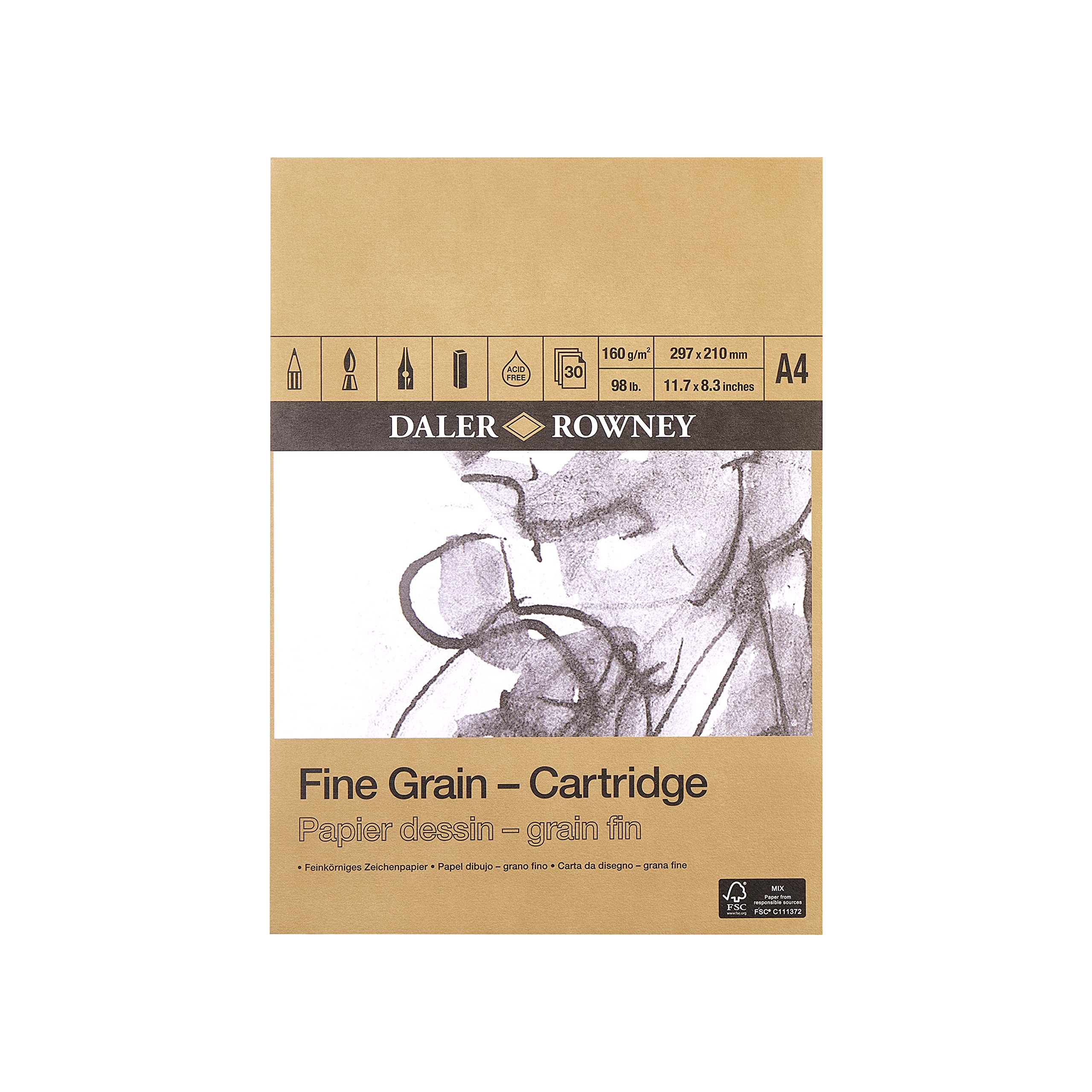 Daler-Rowney Fine Grain Lightly Textured 160gsm A4 Cartridge Drawing Paper Pad, Glued 1 Side, Acid-free, 30 White Sheets, Ideal for Professional Artists & Students