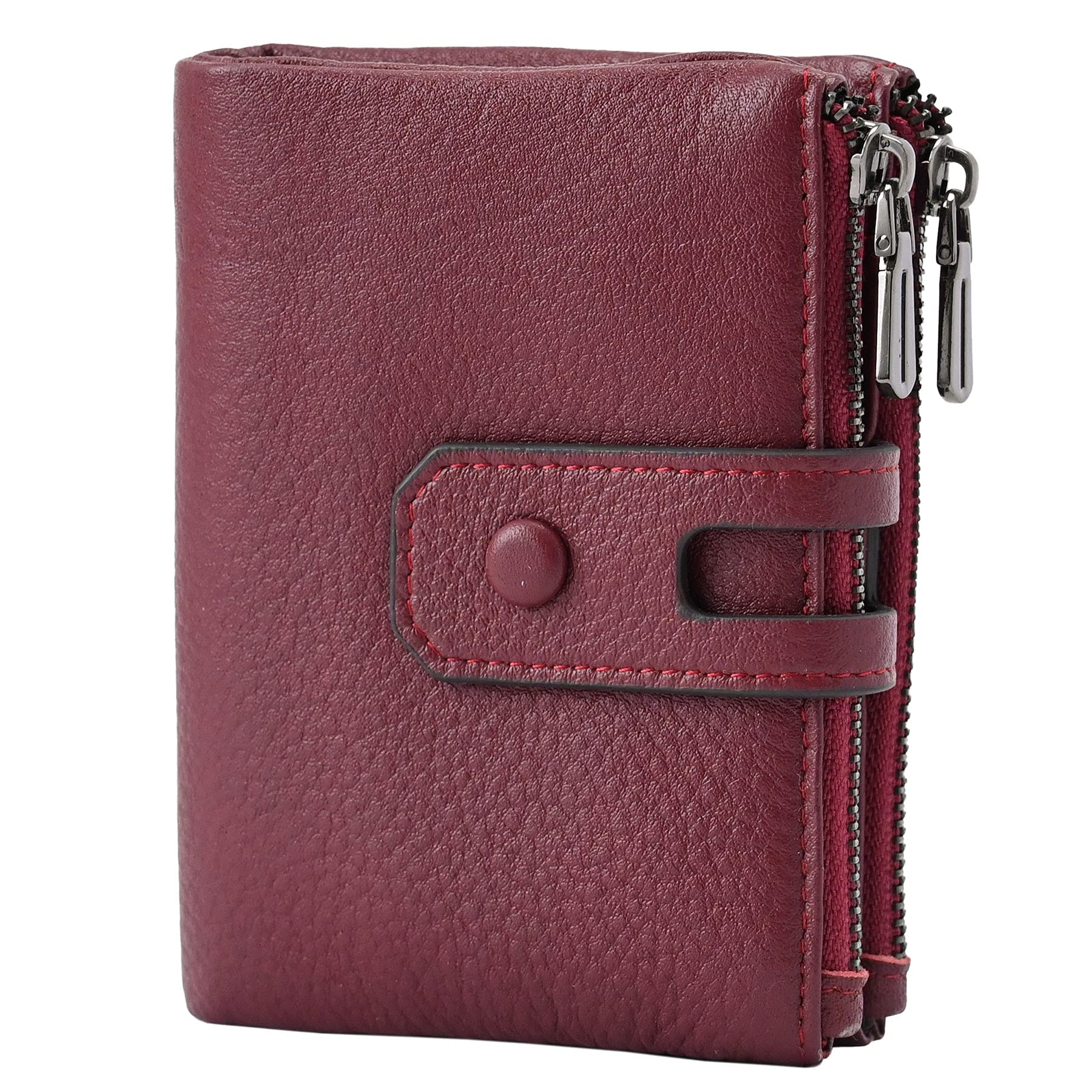 Bveyzi Small Soft Leather Purses for Women, RFID Blocking Women's Credit Card Holder Ladies Wallets Double Zipper Pocket (Wine Red)
