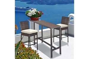 PATIO NOVAGARDEN Outdoor Bar Set for Patio 3pcs Outdoor Bar Table and Chairs Set All Weather Bar Height High Top Outdoor Table and Chairs Wicker Bar Stools Set of 2 Tall Patio Table for Outside Balcony (Brown)
