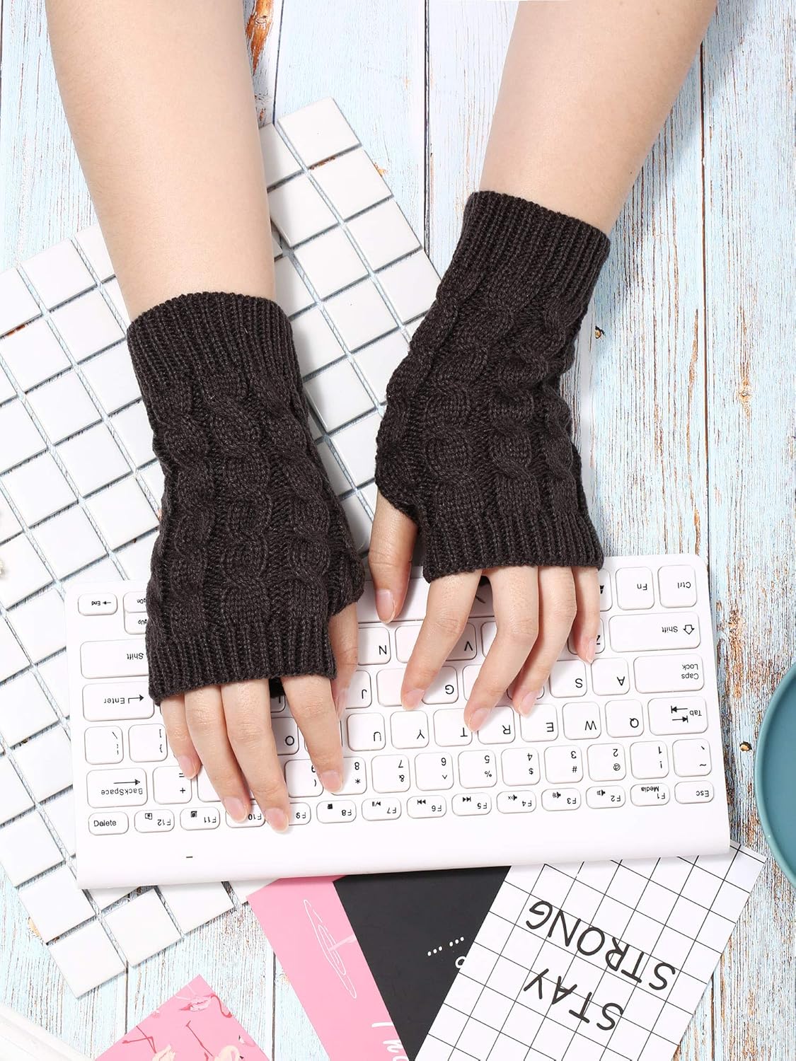 4 Pair Fingerless Thumb Hole Gloves Winter Knit Arm Warmer Mitten for Women (Black, White, Dark Grey, Light Grey) at  Women’s Clothing store