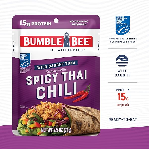 BUMBLE BEE SPICY THAI CHILI SEASONED TUNA POUCH – WILD CAUGHT AND READY TO EAT FOR SNACK, SALAD, KOREAN TUNA BOWL – 15G PROTEIN PER SERVING – PERFECT, PORTABLE, GOODNESS – 2.5 OZ PACKET (PACK OF 1)