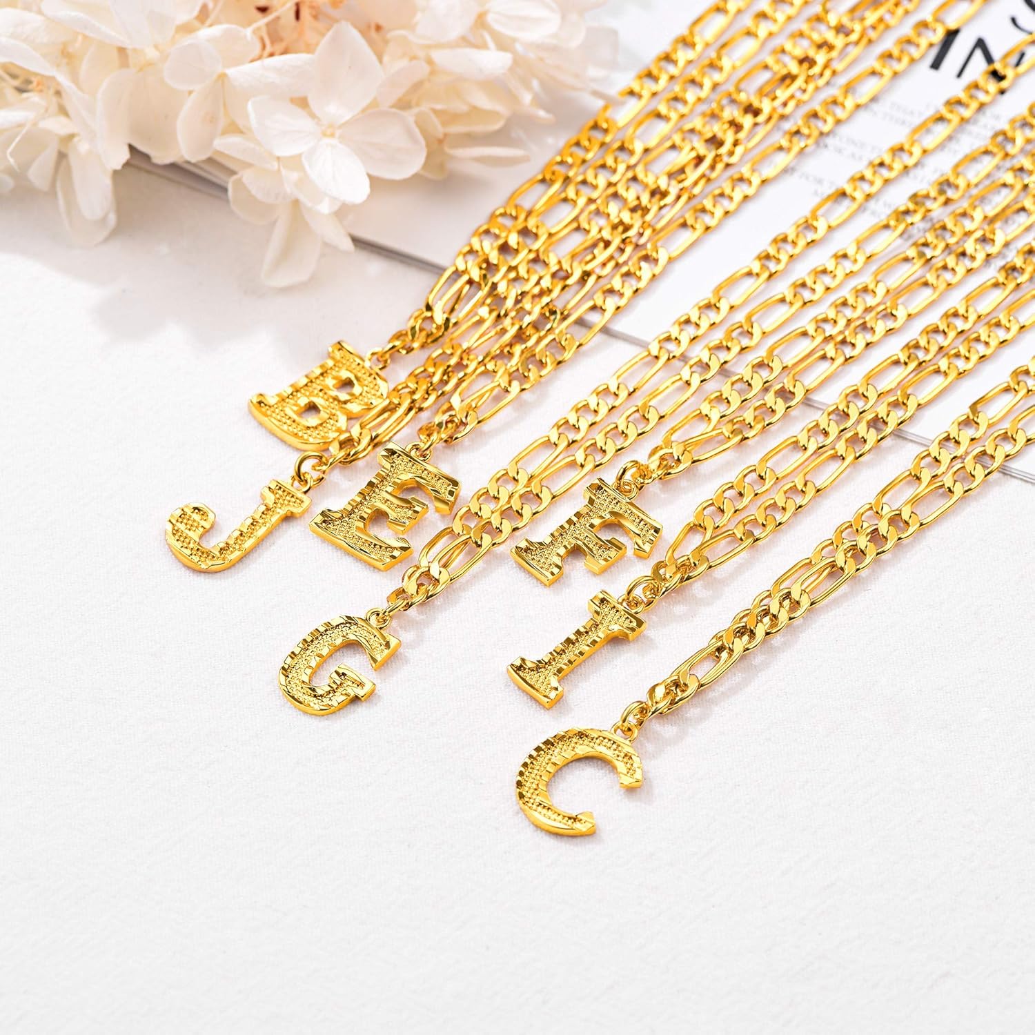 FOCALOOK 18K Gold Plated Small Initial Letter Necklaces 18 Inch Figaro Chain for Teen Boys Girls(T): Jewelry