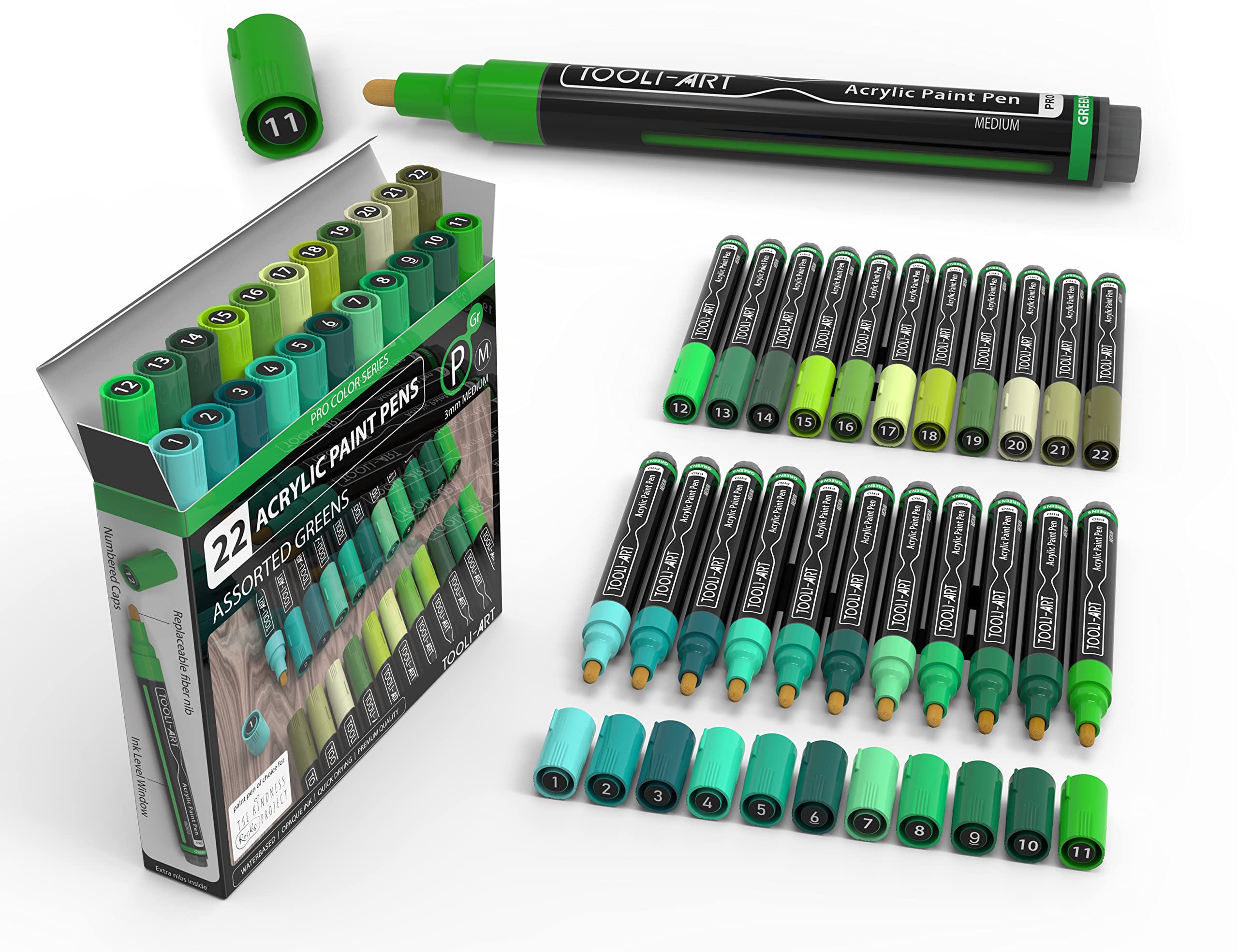 TOOLI-ART 22 Acrylic Paint Markers Paint Pens Pro Color Series Set 3mm Medium Tip for Rock Painting, Glass, Mugs, Wood, Metal, Glass Paint, Canvas, DIY. Non Toxic, Waterbased, Quick Drying (GREENS)