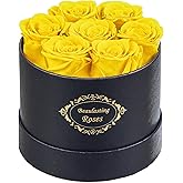 Beaulasting Long Lasting Preserved Roses in a Box Last a Year Forever Flowers for Her Mom Wife Anniversary Birthday (Round Black Box, Yellow)