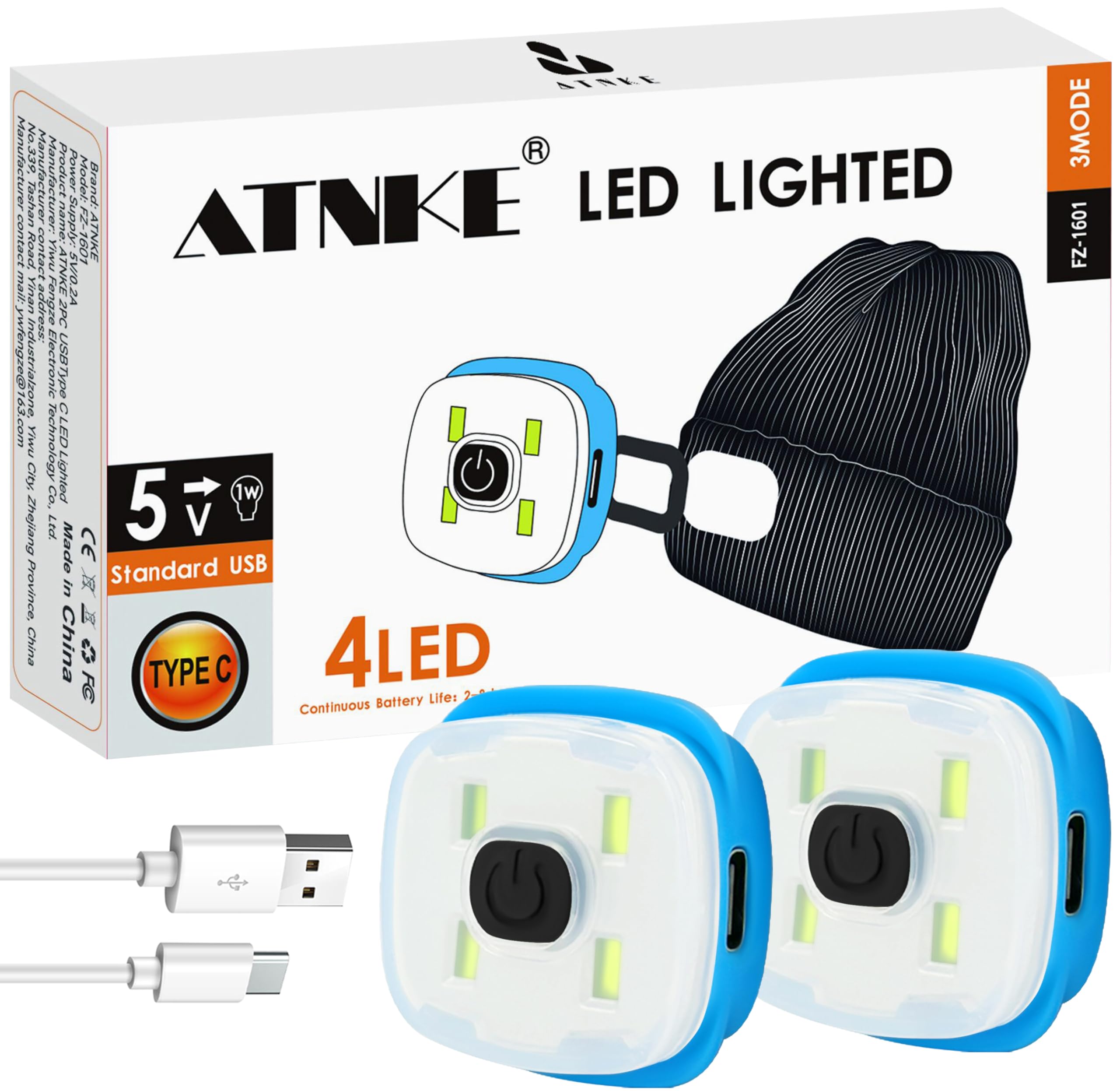 ATNKE Replacement LED Lights for Lighted Beanie Hat, USB Type C Rechargeable Ultra Bright Headlamp Light Hands Free Head Torch Gifts for Men and Women/Type C/White Light-2PC