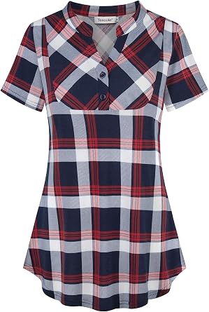 Bepei Womens Short Sleeve Plaid Tunic Shirt Zip Up V Neck Work Casual Blouse Top Petite Tops Tees Emosens Fr