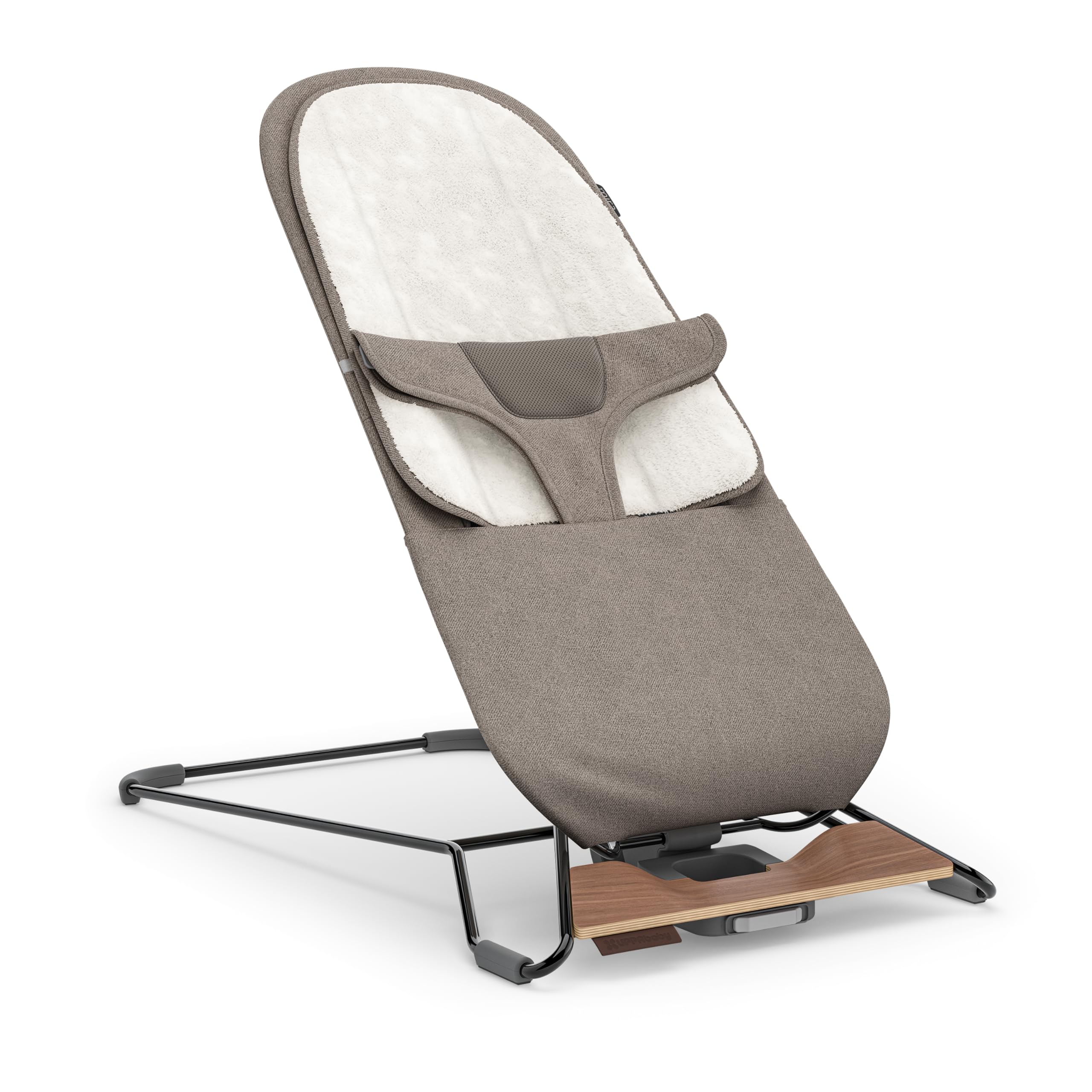 Photo 1 of UPPAbaby Mira Bouncer/Portable 2-in-1 Bouncer + Seat Grows with Your Baby/GREENGuard® Gold, JPMA + FSC® Certified/Cozy Seat Liner + Storage Bag Included/Wells (Taupe Mélange/Black Chrome/Walnut Wood)