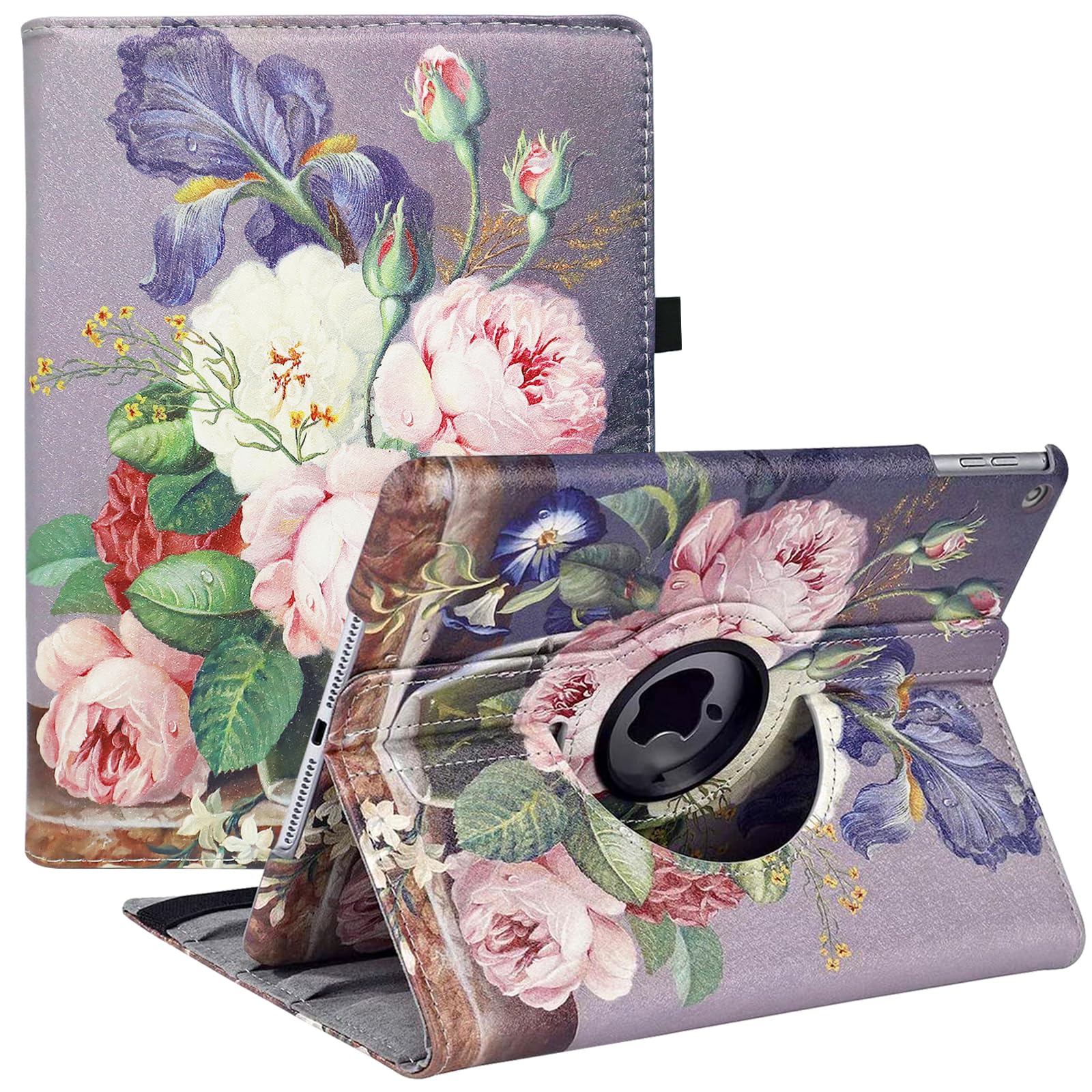 New iPad 9th/ 8th/ 7th Generation Case (10.2 inch) - 360 Degree Rotating Stand Smart Protective Cover, with Auto Sleep Wake Feature for Apple iPad 10.2 Inch 2021/2020/2019 (Oil painting roses)