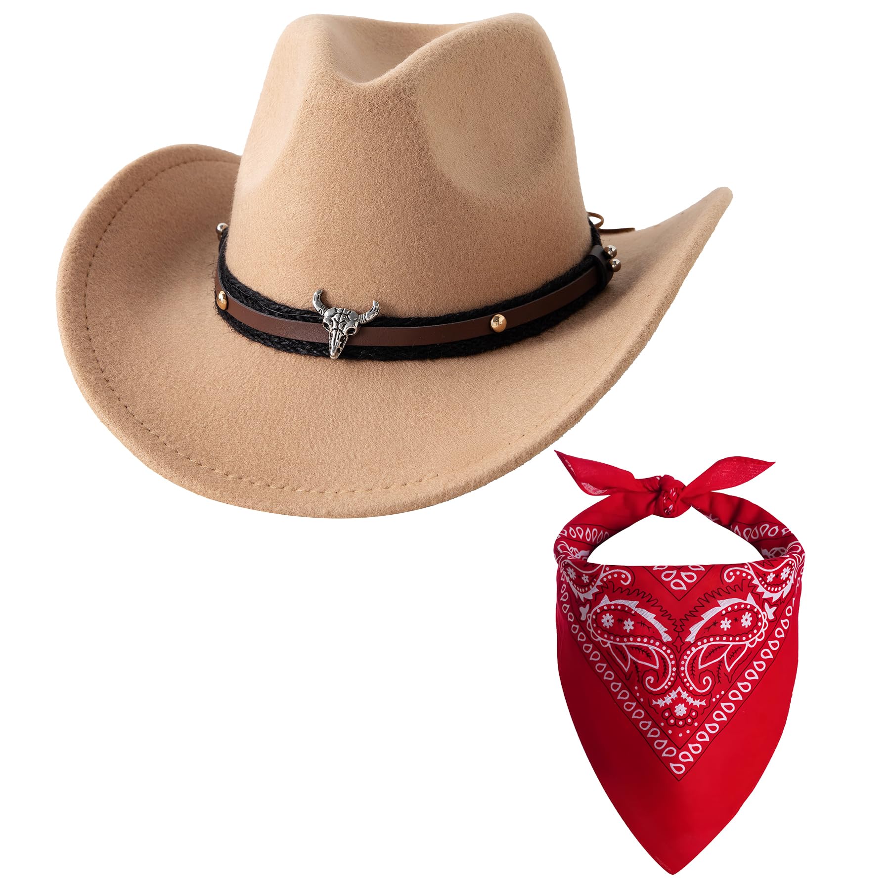 Photo 1 of Jastore Kids Western Hats Boys Girls Cowboy Leather Buckle Felt Cowgirl Hat with Cowboy Red Bandanas (US, Age, 6 Years, 12 Years, Camel)